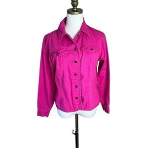 Cherokee Womens Small Jacket Hot Pink Button Front Linen Blend Long Sleeve